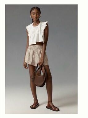 Anthropologie Beige High-Waist Smocked Shorts
